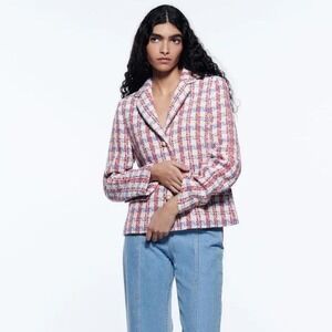 ZARA‎ Pearl Button Textured Tweed Jacket Blazer Red White Blue Womens Size XS